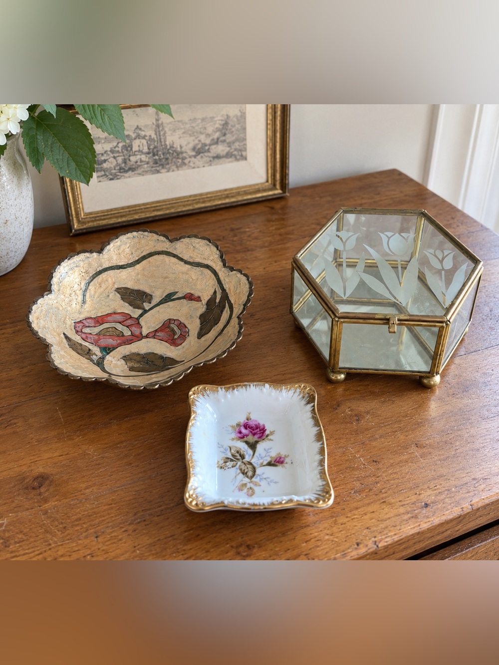 Vintage Trinket Dish Lot Brass & Floral Catchalls